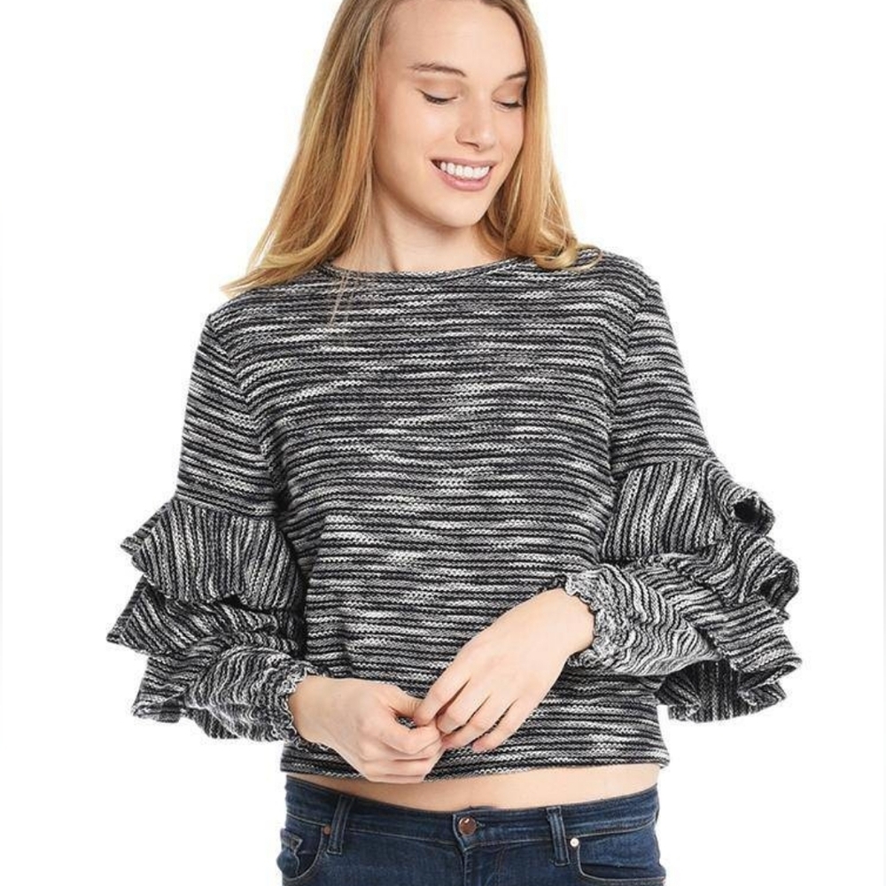 Misa Los Angeles Tanina Ruffle Sleeve Knit Top - Black and White